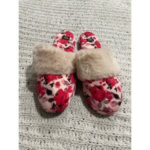 NWT Victoria's Secret Slippers Womens Size Large Floral Pink Furry Slip On w Bag